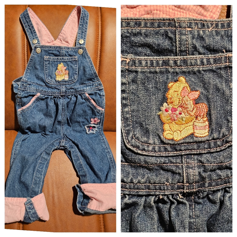 Vtg Winnie The Pooh Denim Embroidered Piglet Y2k Overalls Pink Gingham 18 Months